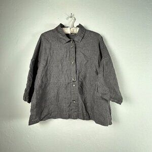 Beau Jours Womens Button Down Linen Shirt Blouse Small Gray Lagenlook 3/4 Sleeve